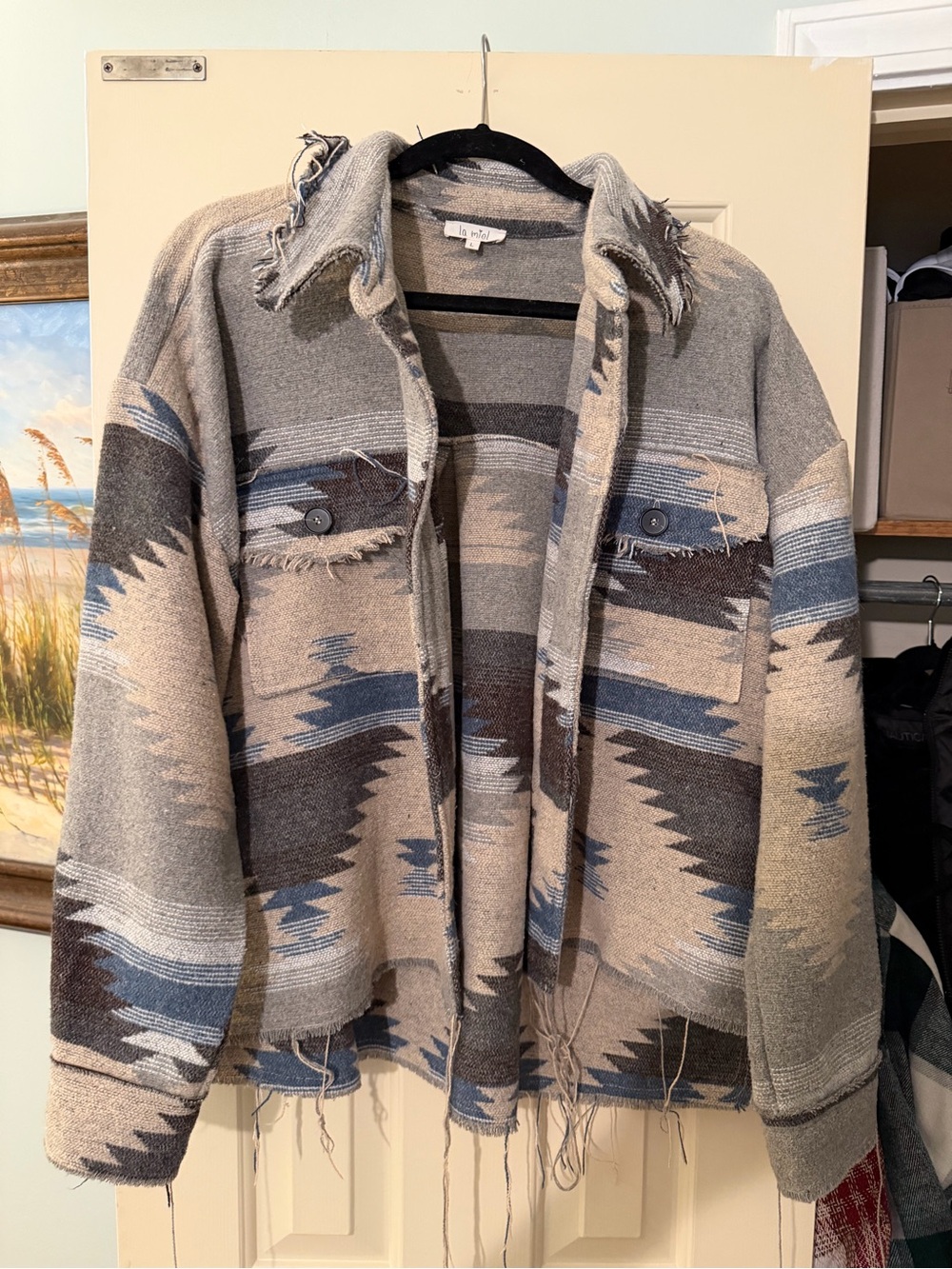 LA MIEL Neutral Aztec Knit Shacket in Gray, Blue & Tan